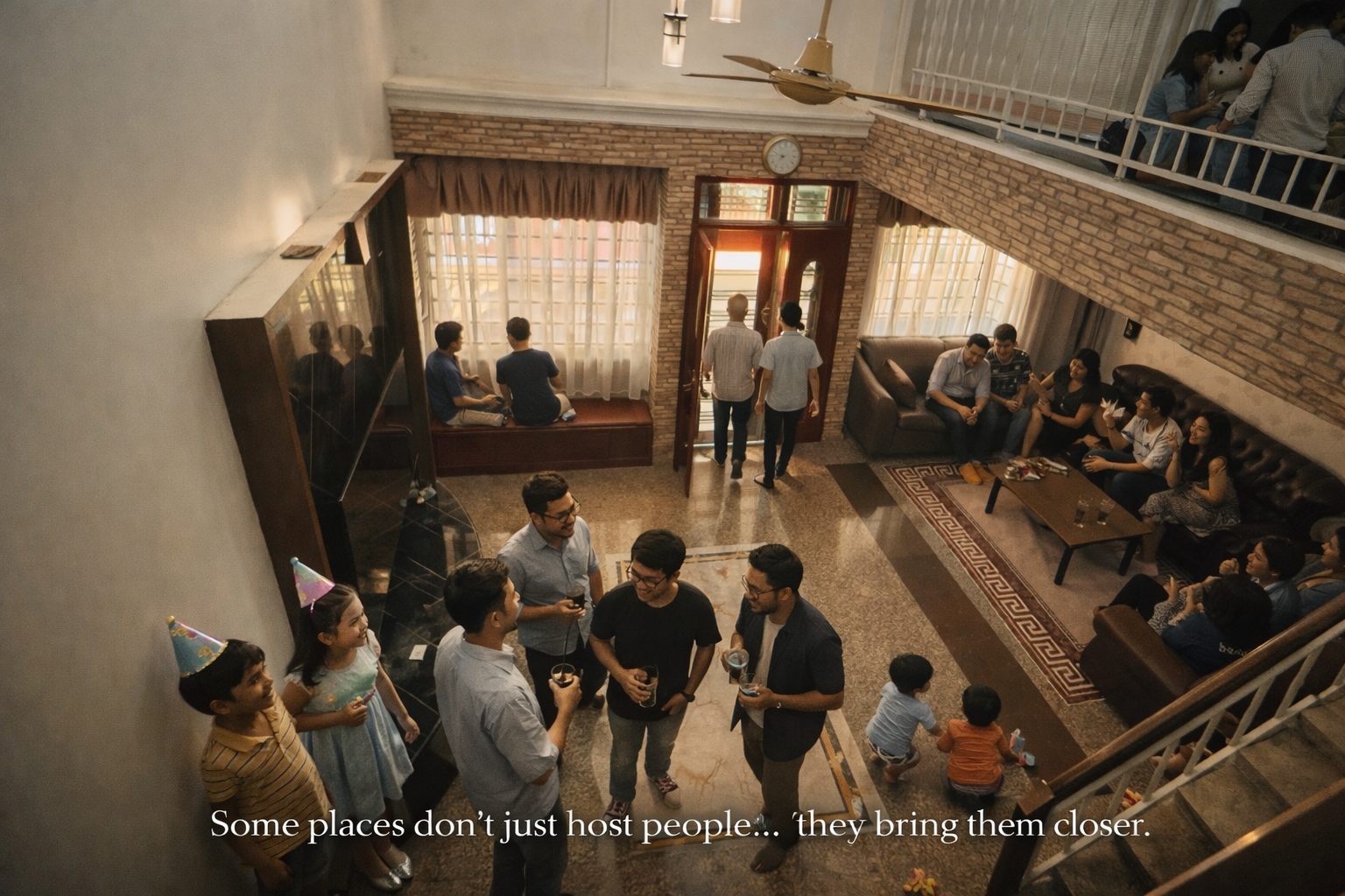 Family and friends gathering across Villa Rinting's open living spaces