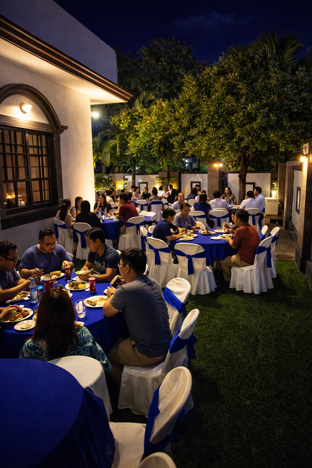 A private dinner gathering arranged in the Villa Rinting garden at night