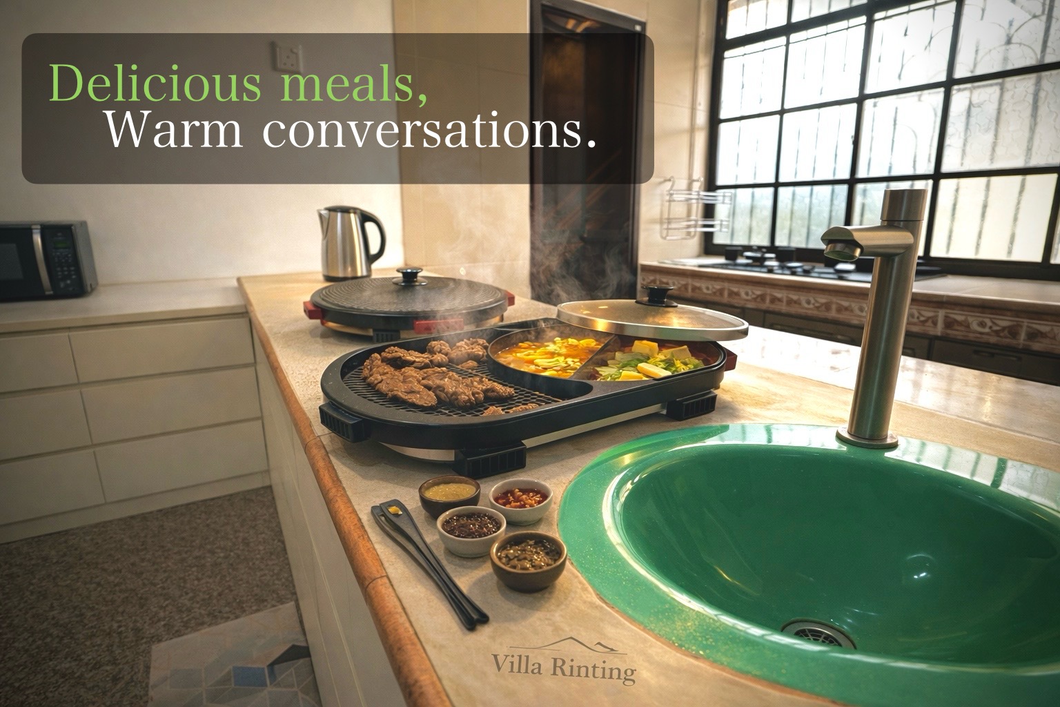 Villa Rinting kitchen prepared for a shared hotpot and grill meal