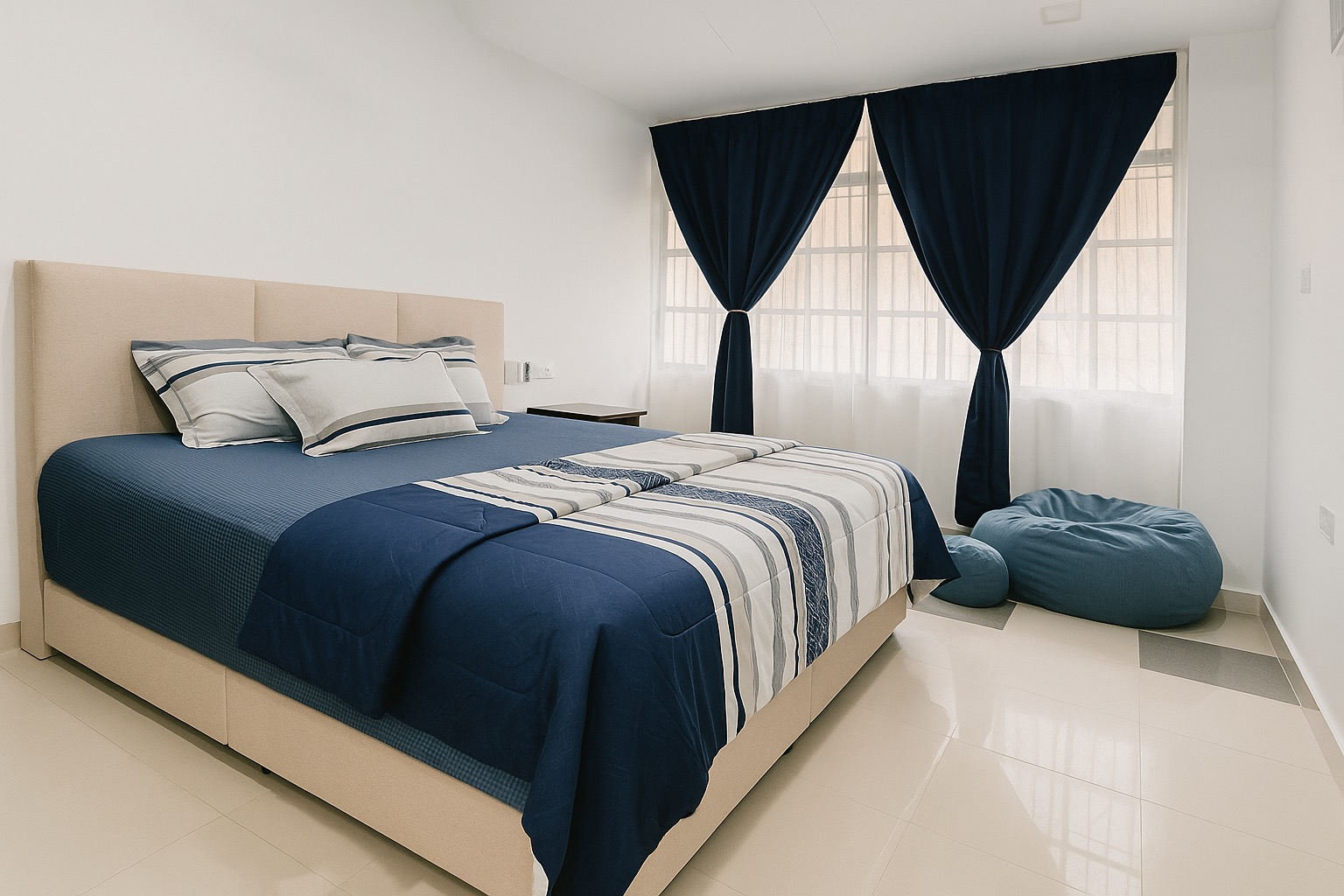 Navy Master bedroom with blue furnishings